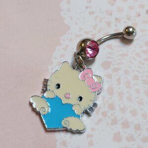 *5/35* Hello Kitty Blue Heart Pink Gem Belly Ring Belly Dangle
